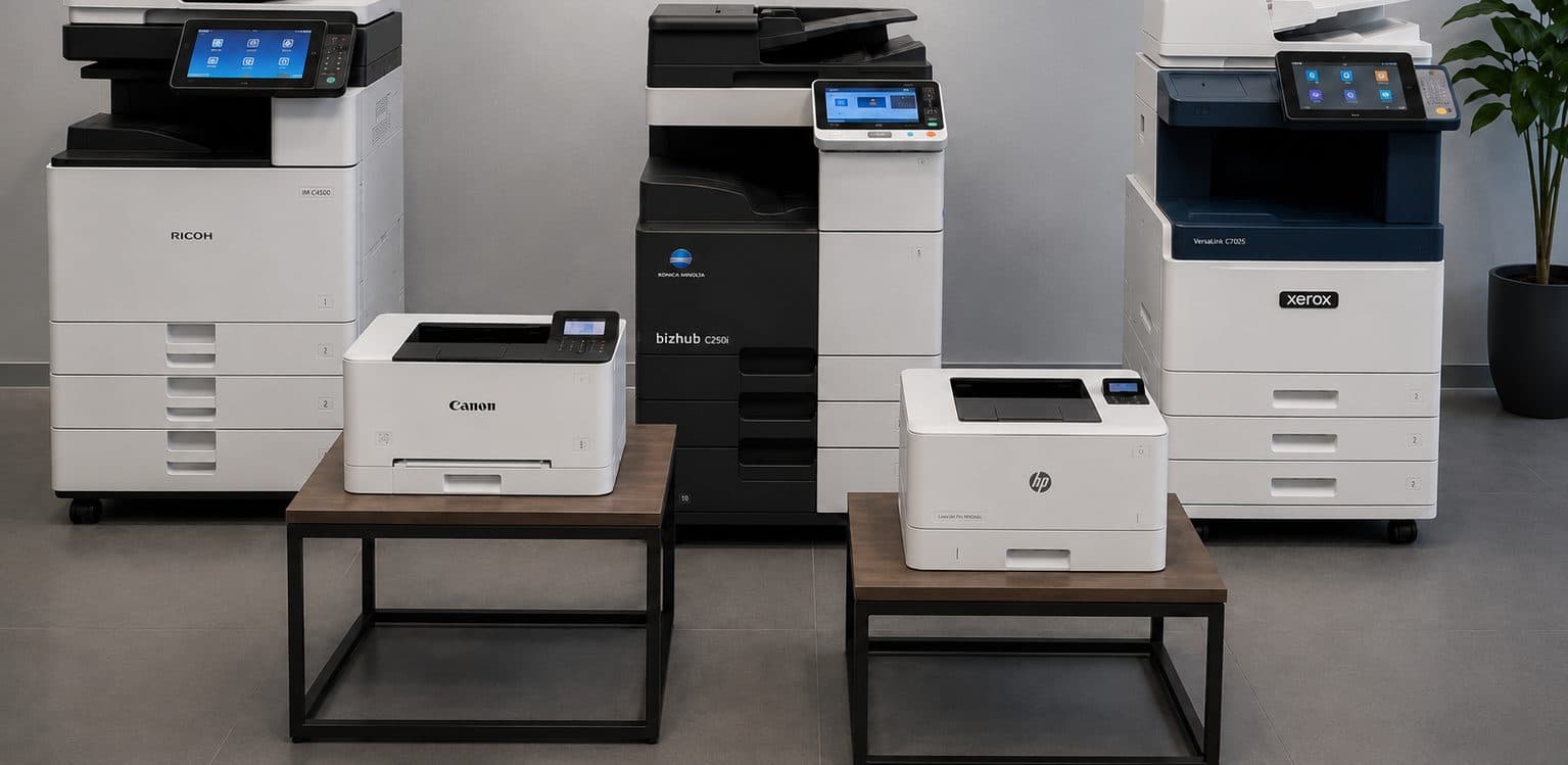 Office multifunction printers and copiers from the major brands IMATEC works with: Ricoh, Konica Minolta, Canon, Xerox and HP