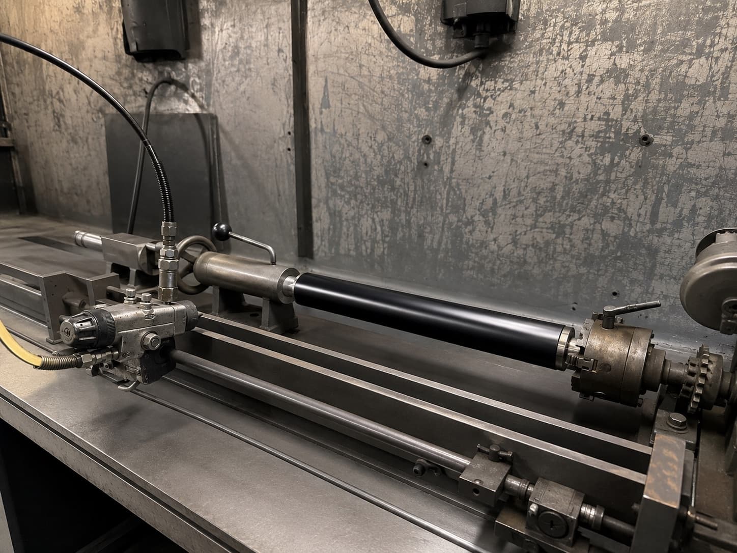 A fuser roller being recoated on the lathe in the IMATEC workshop