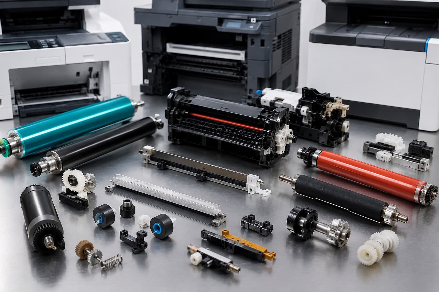 A range of printer and copier parts (rollers, drums, fuser units and gears) laid out on a workshop surface