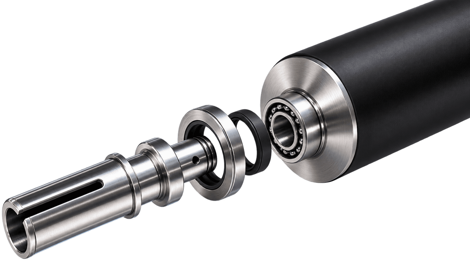Exploded technical view of a fuser roller — the shaft, bearings, seals and roller body separated along the axis